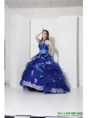 Best Halter Top Appliques Blue 2015 Quinceanera Dresses with Ruffles and Brush Train