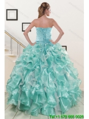 2015 Custom Made Beading and Ruffles Aqual Blue Quince Dresses