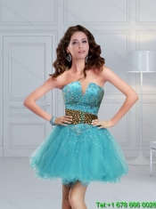 2015 Custom Made Leopard Printed Baby Blue Brush Train Beading Quinceanera Dress