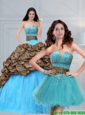 2015 Custom Made Leopard Printed Baby Blue Brush Train Beading Quinceanera Dress