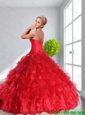 2015 Custom Made Red Quinceanera Dress with Ruffles and Beading