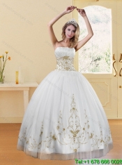 2015 Custom Made Strapless Embroidery White and Gold Dresses for Quinceanera