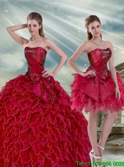 2015 Custom Made Wine Red Quince Dress with Ruffles and Beading