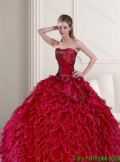 2015 Custom Made Wine Red Quince Dress with Ruffles and Beading