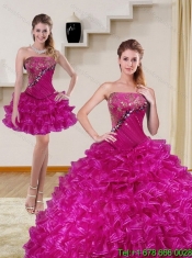 2015 Detachable and Custom Made Fuchsia Quince Dress with Beading and Ruffled Layers