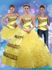 2015 Detachable and Custom Made Yellow Strapless Quinceanera Dress with Beading and Ruffles