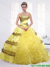 2015 Detachable and Custom Made Yellow Strapless Quinceanera Dress with Beading and Ruffles