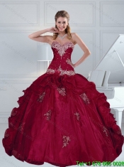 2015 Modest Appliques and Beading Burgundy Quince Dresses