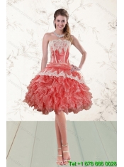 2015 New Style Strapless Appliques and Ruffles Quinceanera Dresses in Watermelon