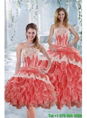 2015 New Style Strapless Appliques and Ruffles Quinceanera Dresses in Watermelon