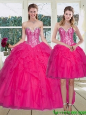 2015 New Styles Hot Pink Sweet 15 Dress with Ruffles and Beading
