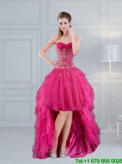 2015 New Styles Hot Pink Sweetheart Quinceanera Dress with Appliques and Beading