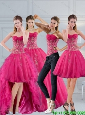 2015 New Styles Hot Pink Sweetheart Quinceanera Dress with Appliques and Beading