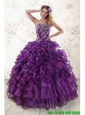 2015 New Styles Purple Dresses for Quince with Appliques and Ruffles