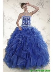 2015 New Styles Ruffles and Beading Quince Dresses in Royal Blue