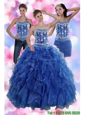 2015 New Styles Ruffles and Beading Quince Dresses in Royal Blue
