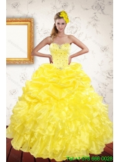 2015 New Styles Sweetheart Yellow Sweet 15 Dresses with Beading and Ruffles