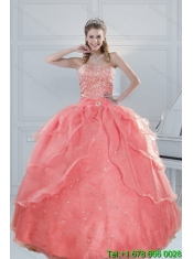 2015 New Styles Watermelon Quinceanera Dresses with Beading