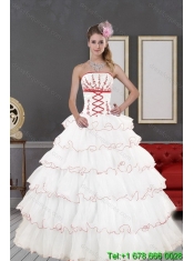 2015 New Styles White Quince Dresses with Appliques and Ruffled Layers