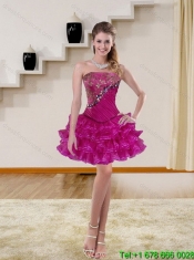 2015 Pretty Fuchsia Quince Dress with Beading and Ruffled Layers