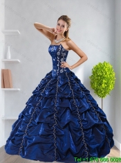 2015 Pretty Strapless Navy Blue Quinceanera Dress with Pick-ups and Beading