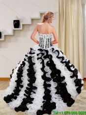 2015 Pretty Strapless White and Black Quince Dresses with Beading and Ruffles