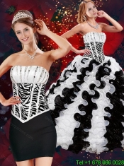 2015 Pretty Strapless White and Black Quince Dresses with Beading and Ruffles