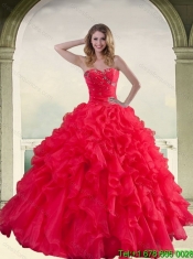 2015 Red Strapless Quinceanera Dress with Ruffles and Beading