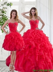 2015 Red Strapless Quinceanera Dress with Ruffles and Beading