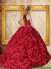 Custom Made 2015 Wine Red Brush Train Quinceanera Dress with Sweetheart