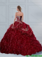 Custom Made Burgundy Sweetheart 2015 Quinceanera Dresses with Embroidery and Ruffled Layers
