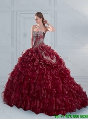 Custom Made Burgundy Sweetheart 2015 Quinceanera Dresses with Embroidery and Ruffled Layers