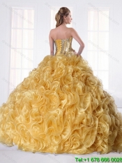 Custom Made Sweetheart Gold Quinceanera Dress with Beading and Rolling Flowers