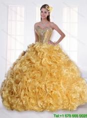 Custom Made Sweetheart Gold Quinceanera Dress with Beading and Rolling Flowers