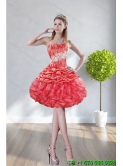Custom Made Watermelon Red Quince Dresses with Appliques and Ruffles