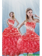 Custom Made Watermelon Red Quince Dresses with Appliques and Ruffles