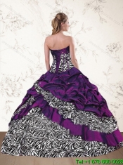 Custom Made Zebra Printed 2015 Pink Quinceanera Dresses with Ruffles and Pick Ups