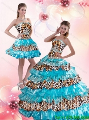 New Styles 2015 Leopard Printed Sweetheart Beaded Aqua Blue Quinceanera Dresses with Brush Train