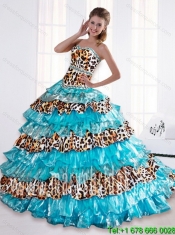 New Styles 2015 Leopard Printed Sweetheart Beaded Aqua Blue Quinceanera Dresses with Brush Train