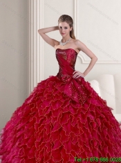 New Styles 2015 Ruffles and Beading Quince Dresses in Wine Red