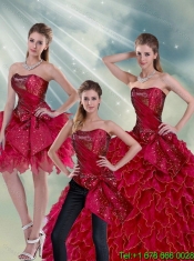 New Styles 2015 Ruffles and Beading Quince Dresses in Wine Red