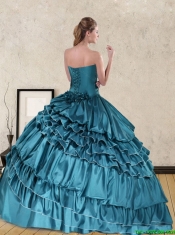 New Styles 2015 Teal Sweet 15 Dresses with Ruffled Layers and Beading