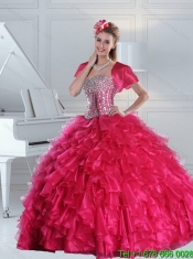 New Styles Hot Pink Quince Dress with Beading and Ruffles for 2015