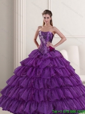 New Styles Strapless Purple Quince Dress with Ruffled Layers and Beading