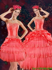 New Styles Strapless Quinceanera Dresses with Beading and Pick Ups in Coral Red