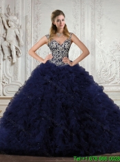 Pretty 2015 Quinceanera Dresses in Navy Blue with Appliques and Ruffles