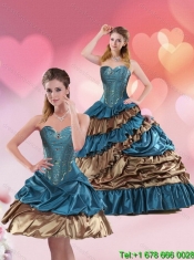 Pretty Teal and Brown Sweetheart Quinceanera Dress with Beading and Ruffled Layers for 2015