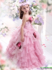2015 Adorable Baby Pink Little Girl Pageant Dress with Hand Made Flowers and Ruffles