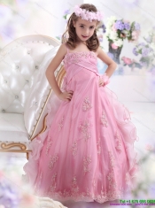2015 Unique Rose Pink Spaghetti Straps Little Girl Pageant Dress with Appliques
