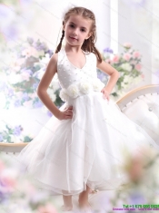 Adorable Halter Top White Mini Length Little Girl Pageant Dress with Hand Made Flower
